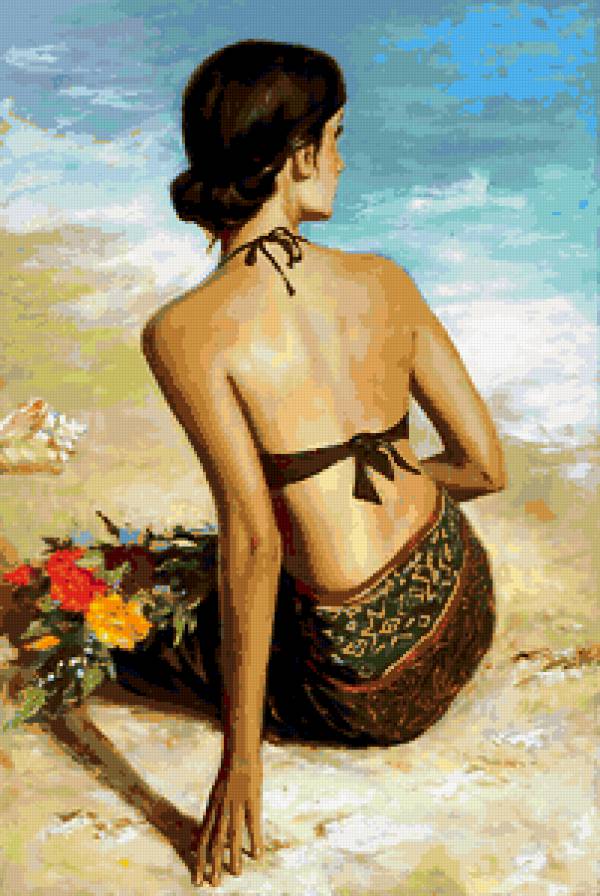 девушка и море - девушка, море, цветы - предпросмотр