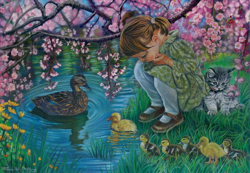 девочка и утята - коткенок, котик, уточки, ребенок, утка, дети - оригинал