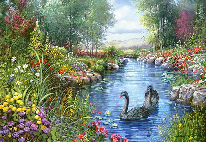 лебеди - картина, цветы, природа, птицы, пейзаж, лебедь, живопись, пруд - оригинал