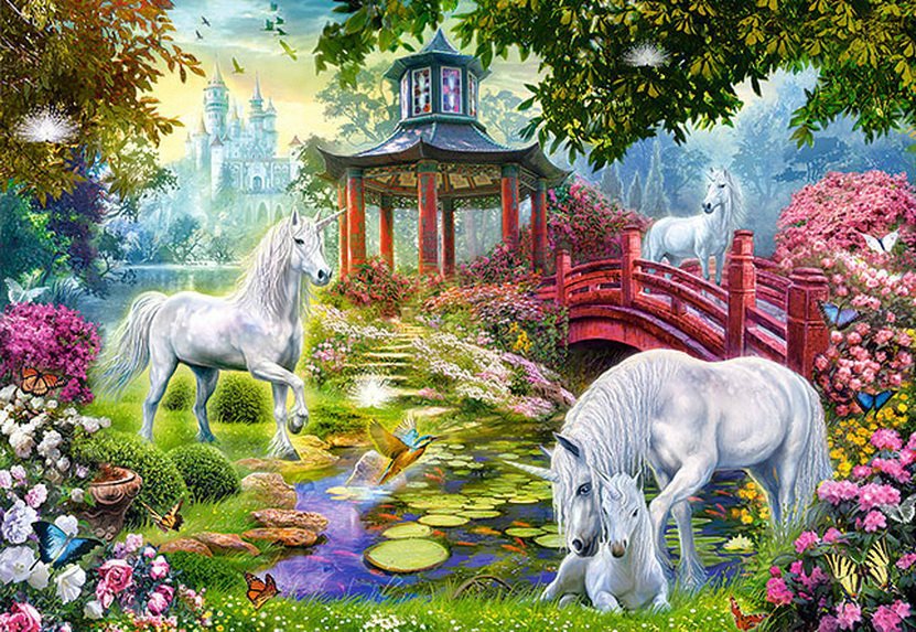 сказка - пейзаж, волшебство, природа, фентези, единороги, миф, единорог, лошади - оригинал