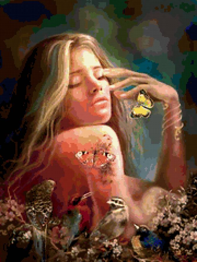 девушка - цветы, картина, любовь, птицы, одиночество, бабоч красота, девушка - предпросмотр