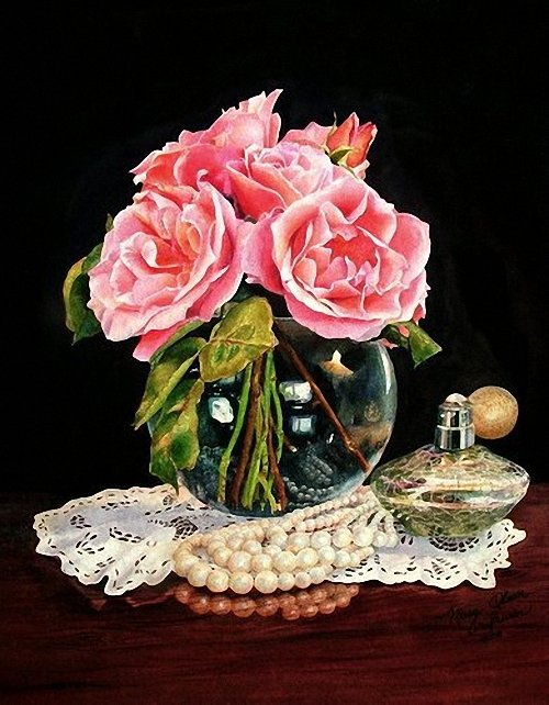 764875454 - духи, букет, цветы, бусинка, роза, жемчужный, цветок, ваза, розы - оригинал