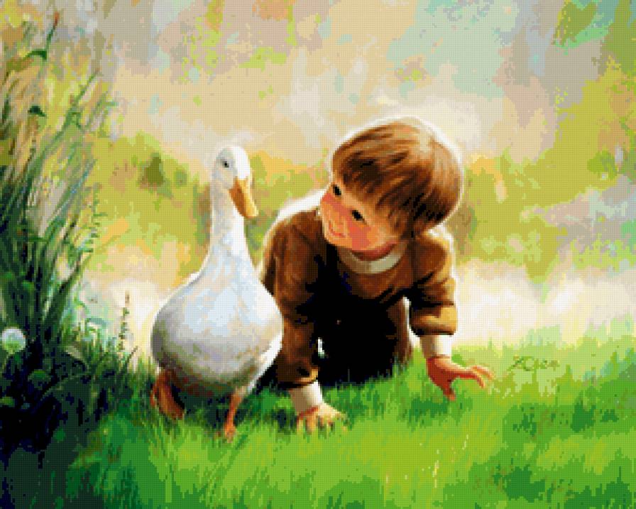ребёнок - природа, ребенок, утка, картина - предпросмотр