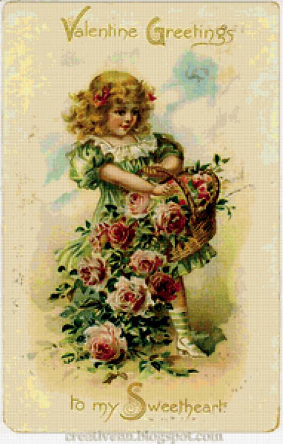 Девочка с розами - старые открытки, цветы, девочка, винтаж, розы - предпросмотр