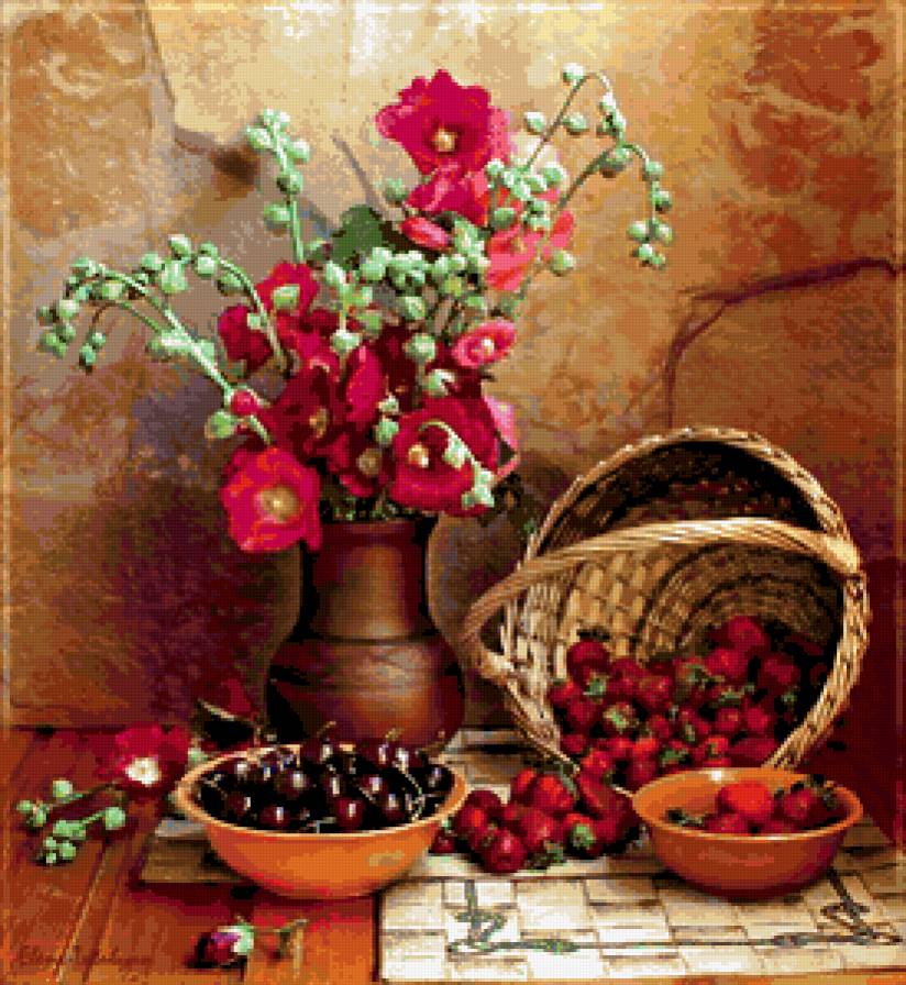 Натюрморт - натюрморт, клубника, цветы в вазе, букет - предпросмотр