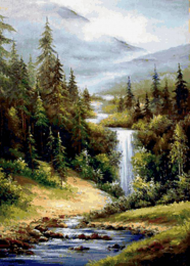 Водопад - река, пейзаж, город, художник, красота, природа - предпросмотр