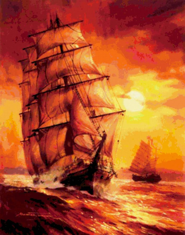 Парусник на закате - корабль, закат, парусник, море - предпросмотр