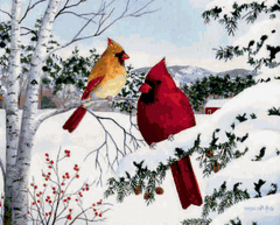 птицы - картина, птицы, лес, зима, природа - предпросмотр