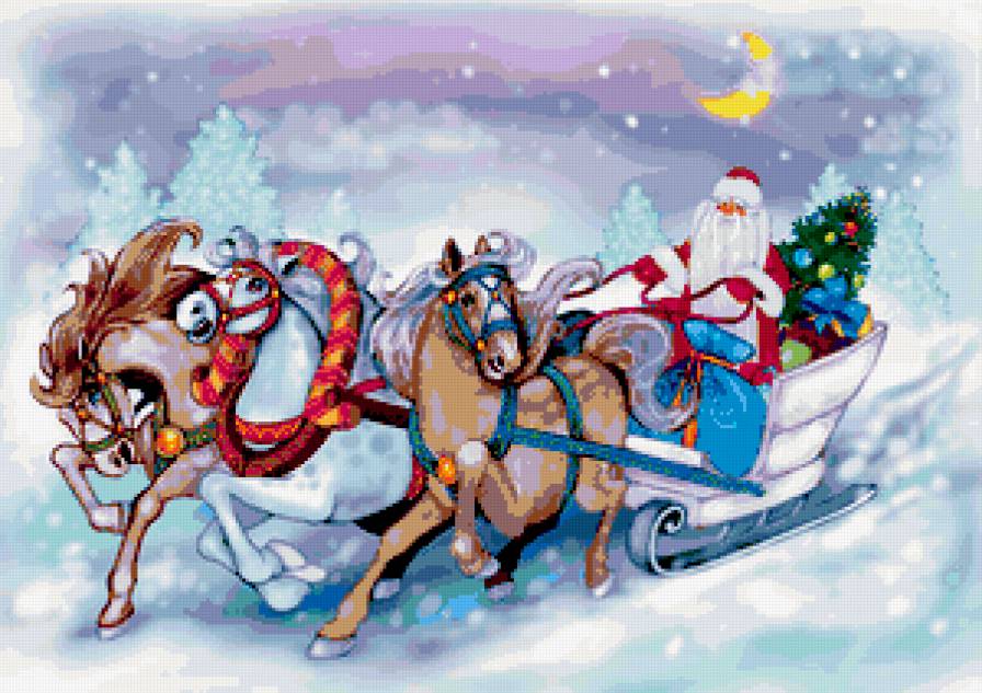 новый год - лошади, зима, сани, праздник, тройка, дед мороз - предпросмотр