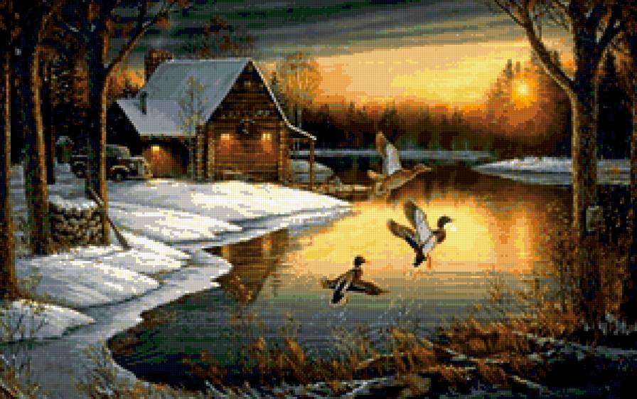 Избушка - пейзаж, птицы, домик, река, утки, природа - предпросмотр