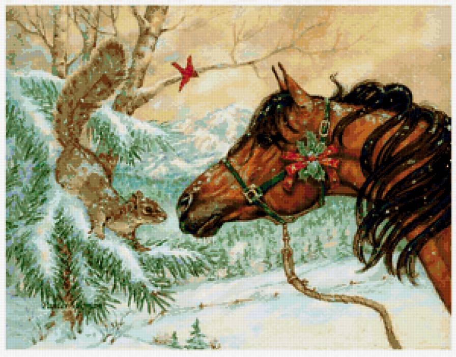 лошадка и белочка - лошади, зима, новый год, лошадь, белка, животные, рождество, кони, конь - предпросмотр