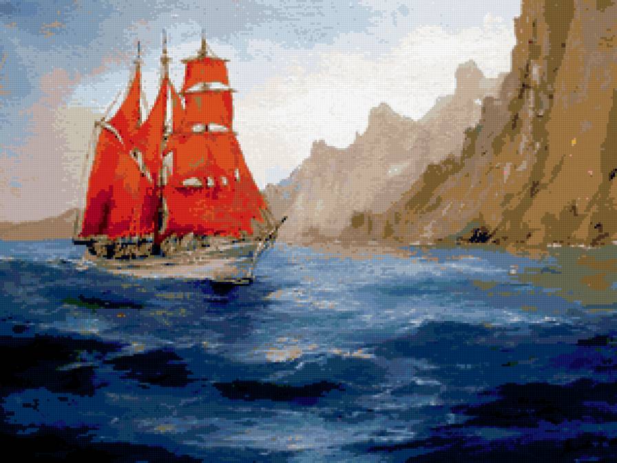 алый парусник - море, парусник, пейзаж, скала - предпросмотр