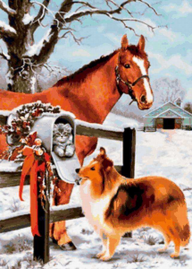 животные - собака, зима.рождество, лошади, собаки, лошадь, коты, котик, кошки - предпросмотр