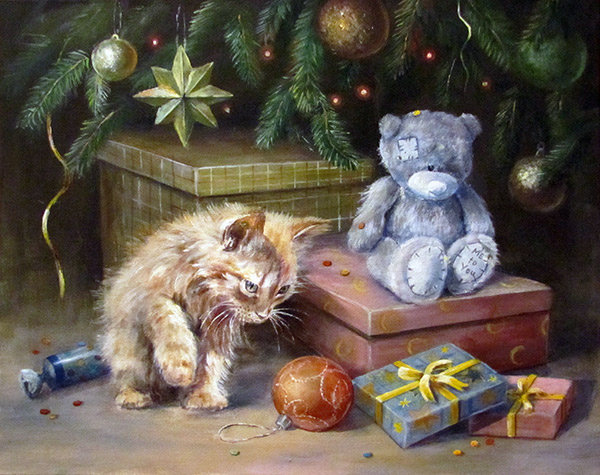 кот и мишка - елочный шарик, новый год, кот, подарок, елка, мишка - оригинал