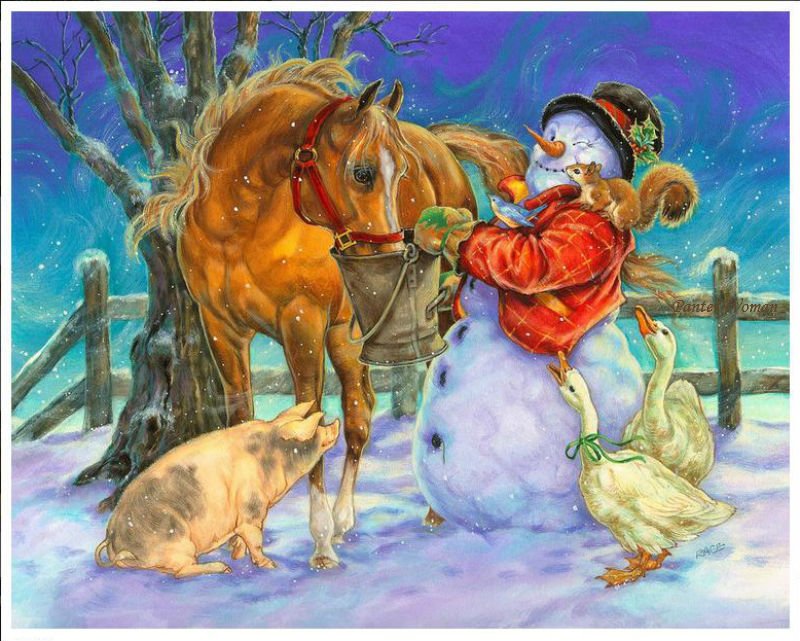новый год - лошадка, лошади, снеговик, животные, гуси, сказ, рождество, зима, лошадь - оригинал