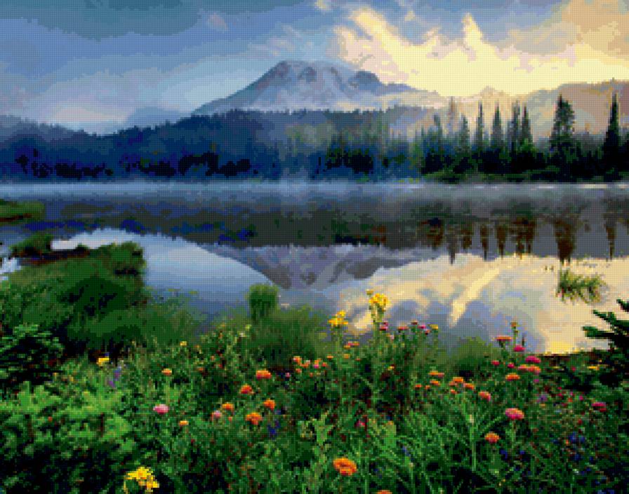 лето в горах - лес, цветы, туман, горы, облака, вода - предпросмотр