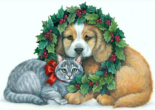 котик и собачка - рождество, собаки, собака, животные, кошки, кошка, коты - оригинал