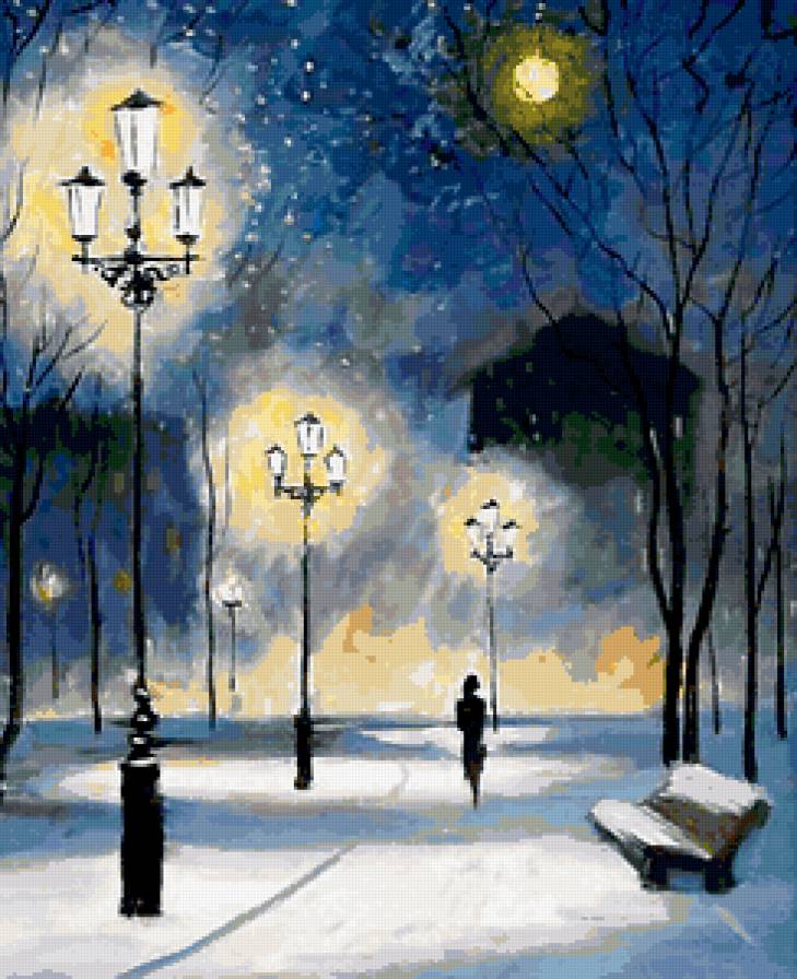 Зимний парк - парк, зима, фонари, ночь - предпросмотр