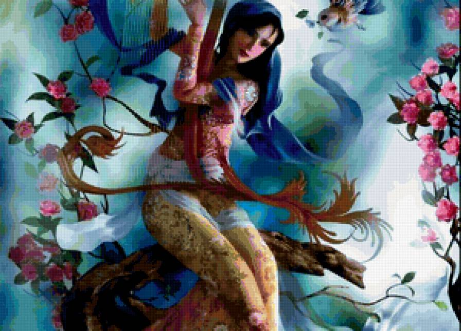 девушка с арфой - игра, девушка, птицы, роза, русалки, фея, розы, восток, русалка - предпросмотр