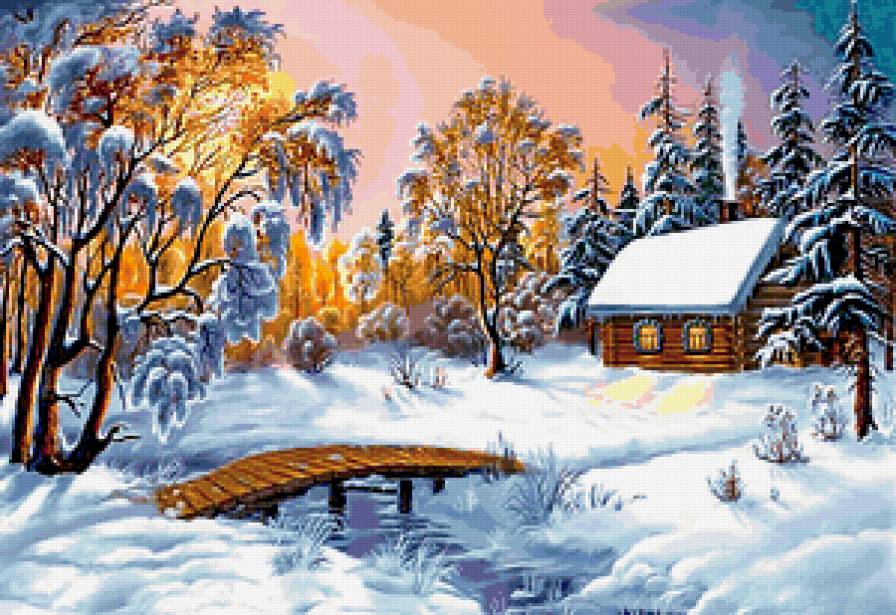 Мороз и солнце! - мостик, пейзаж, река, домик, снег, зима, солнце - предпросмотр