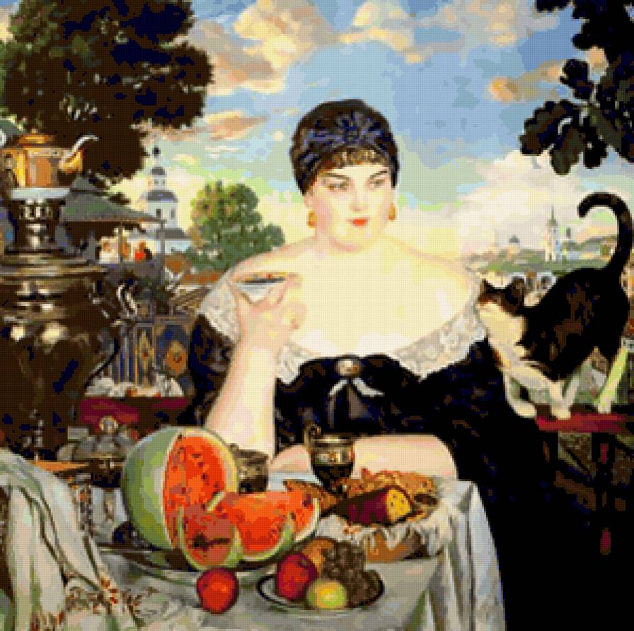 Кустодиев :  ''Чаепитие'' - чаепитие, красота женщины, картина, для кухни, чай, живопись - предпросмотр