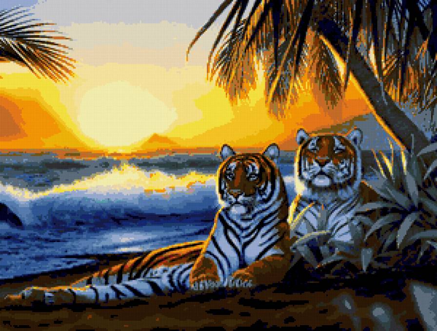 №206577 - закат, море, тигры, картина - предпросмотр