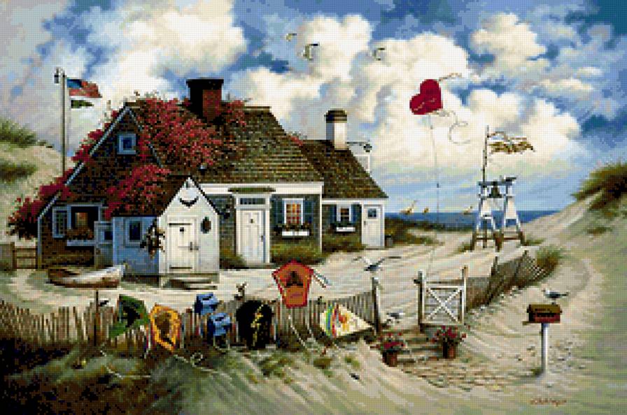 домик на берегу - домики, море, сад, цветы - предпросмотр