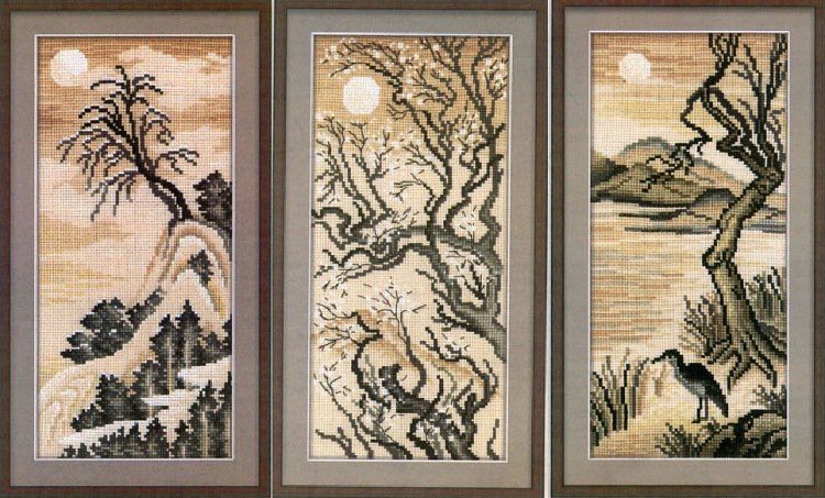 Триптих Японские мотивы - япония, бонсай, деревья, снег - оригинал