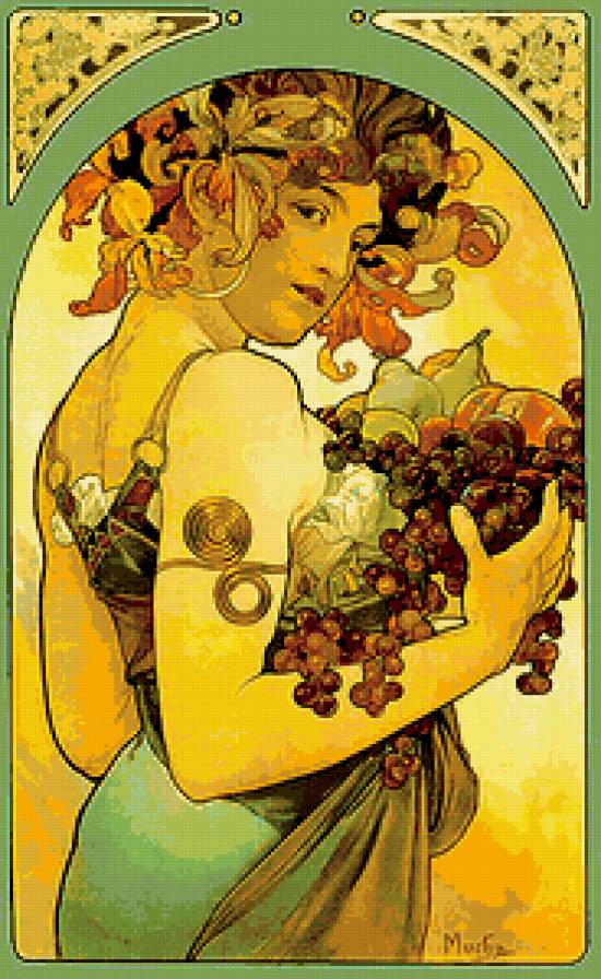 картина альфонса мухи - картина женщина фрукты - предпросмотр