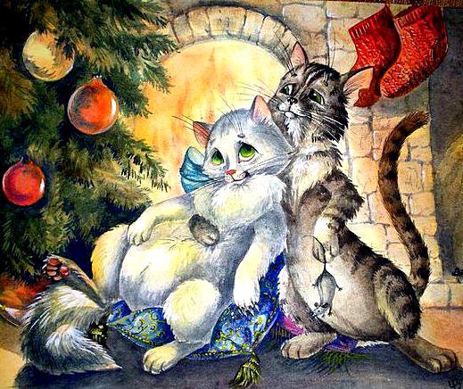 Рождественский вечер - кошки, рождество, камин - оригинал