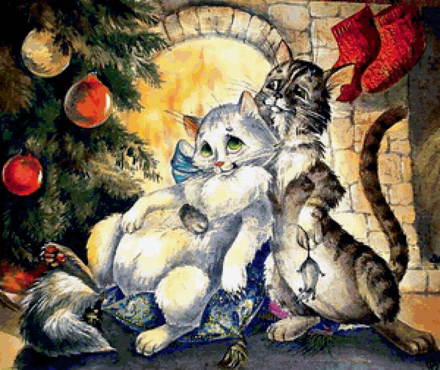 Рождественский вечер - кошки, рождество, камин - предпросмотр