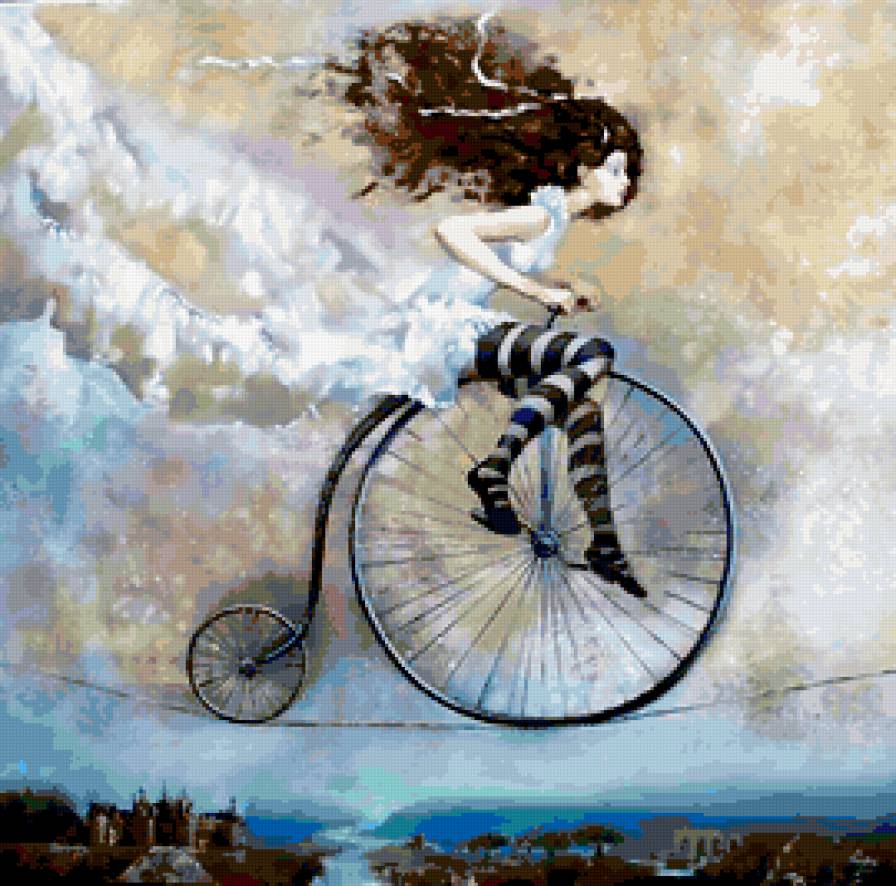невесомость - цирк, велосипед, девушка, облака - предпросмотр