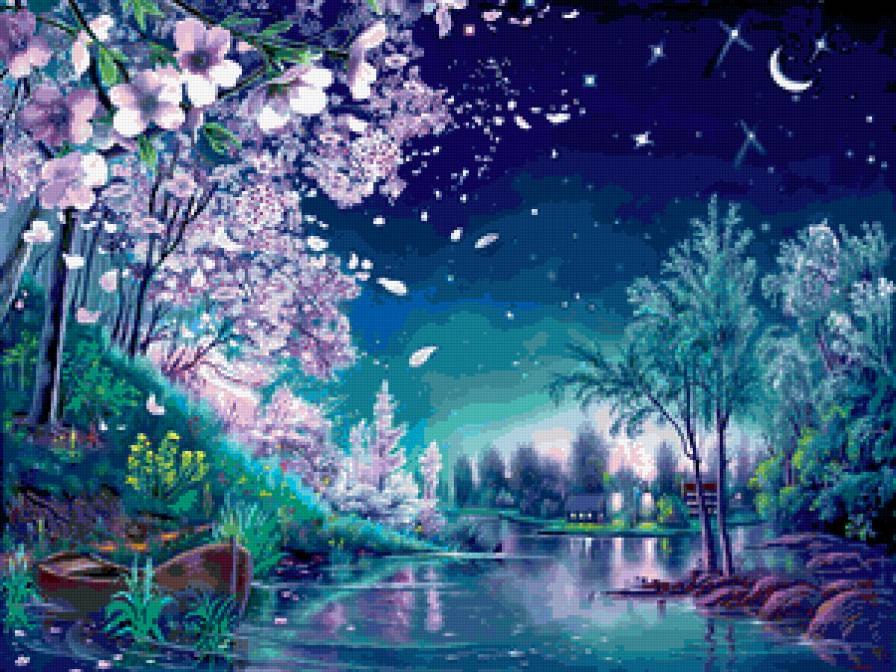 пейзаж - природа, романтика, река, ночь - предпросмотр