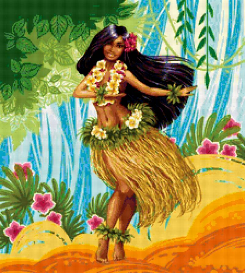 гавайская девушка - природа, любовь, картина, девушка, пара, танцы - предпросмотр