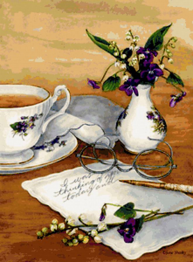 Натюрморт с фиалками - посуда, фарфор, натюрморты, чай, фиалки, натюрморт, цветы - предпросмотр