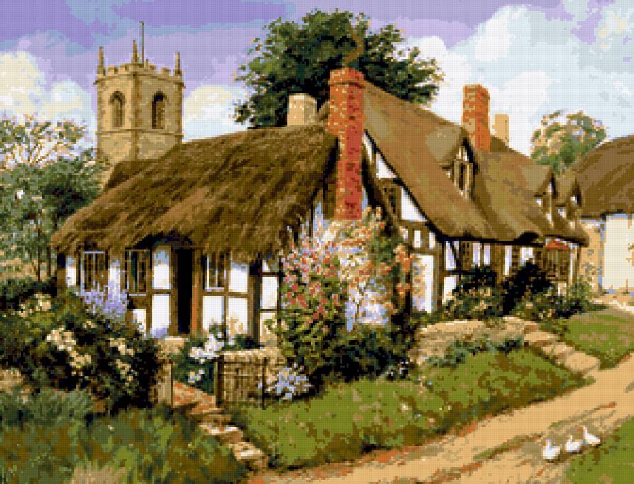 №209657 - дом, деревенский пейзаж, дворик, картина - предпросмотр