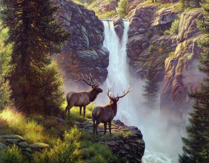 №209671 - животные, пейзаж, горы, водопад, природа, картина - оригинал