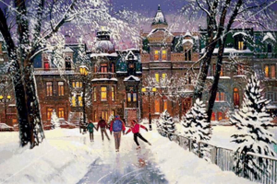 №210050 - дом, елка, снег, зима, каток, фонарь - предпросмотр