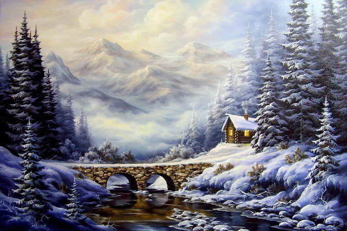 А.Найденов - зима, мост, река, снег, елка, лес, дом, горы - оригинал