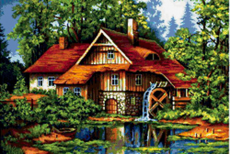 Мельница - природа, мельница, вода, речка, домик - предпросмотр