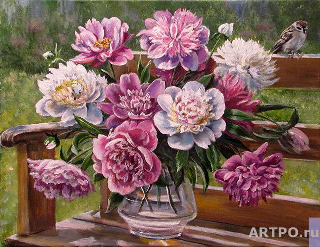 пионы - цветы, птица, лето - оригинал