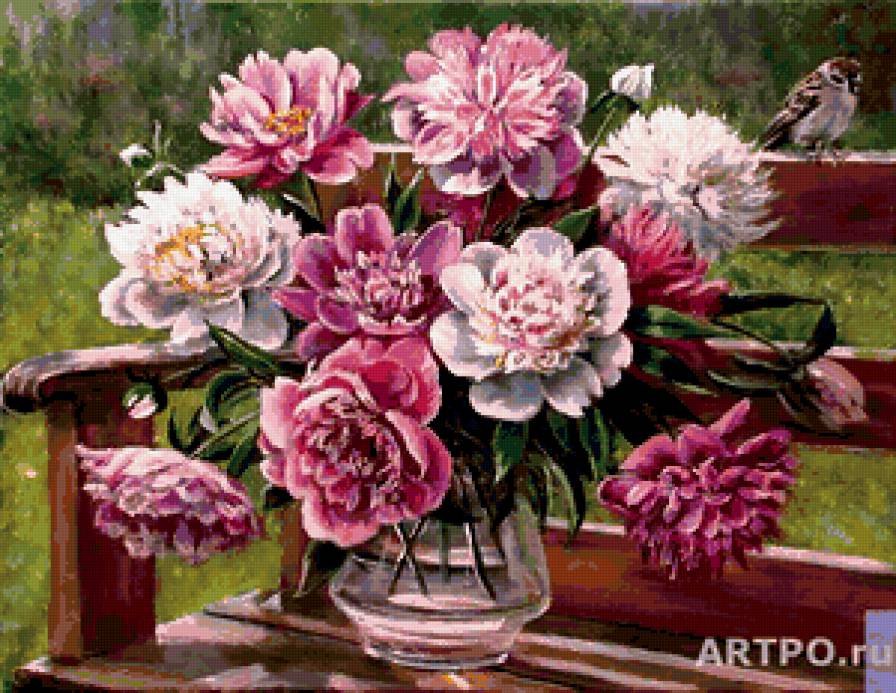 пионы - птица, цветы, лето - предпросмотр