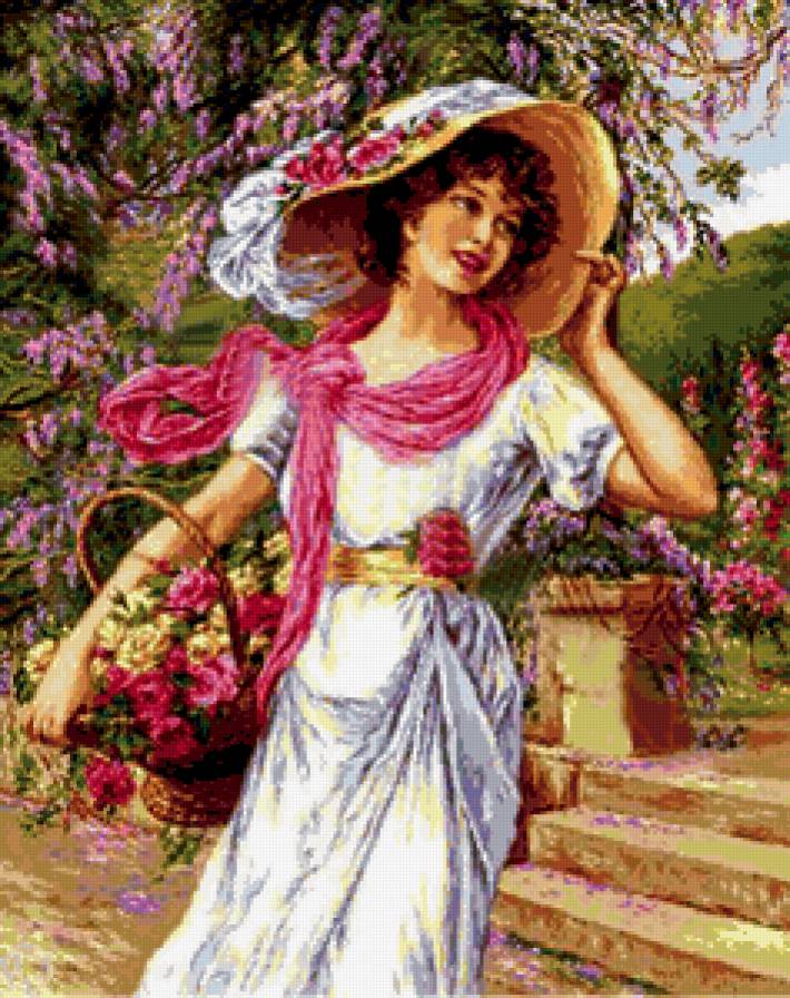 Роза-Мари - девушка, розы, живопись, женщина, цветы, цветочная - предпросмотр