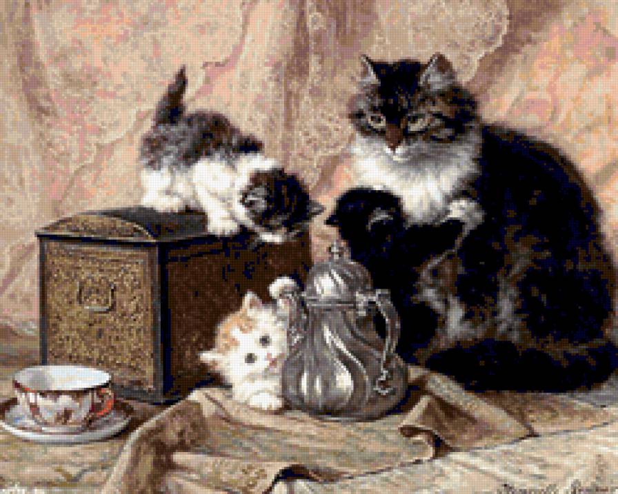 кошка с детками - кошки, животные, картина - предпросмотр