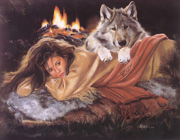 девушка и волк - природа - оригинал