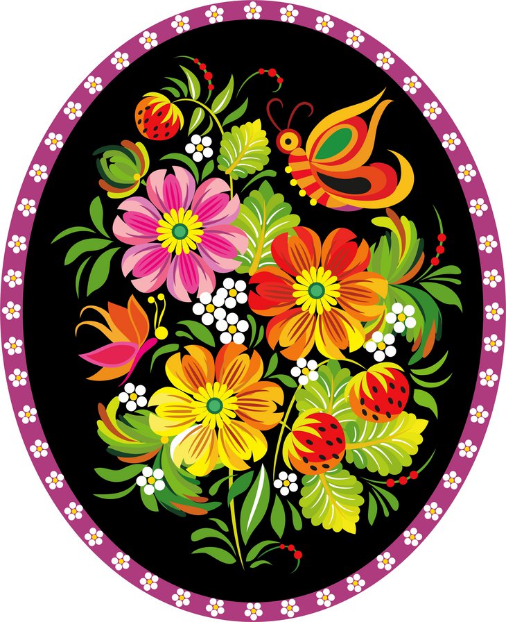Цветочно-ягодное панно - ромашки, пион, роспись, бабочки, панно, цветы, хохлома, культура - оригинал