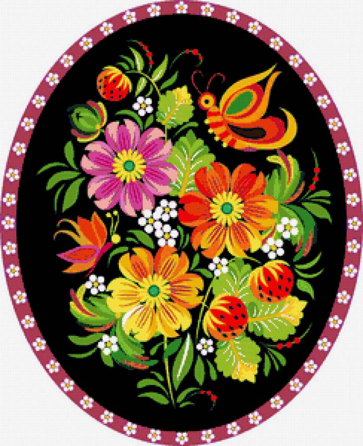 Цветочно-ягодное панно - роспись, цветы, панно, пион, бабочки, культура, ромашки, хохлома - предпросмотр