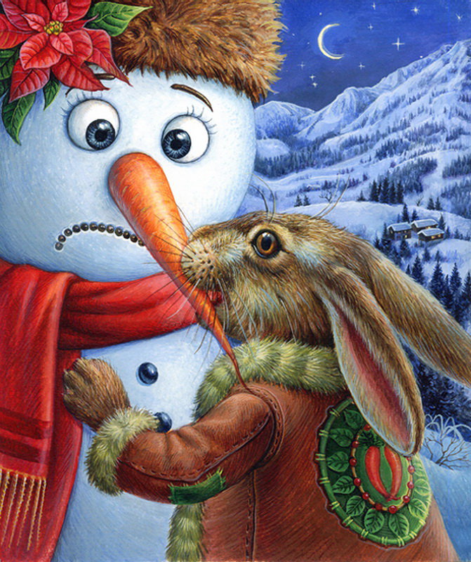 №211172 - заец, луна, зима, снеговик, морковка, снег - оригинал