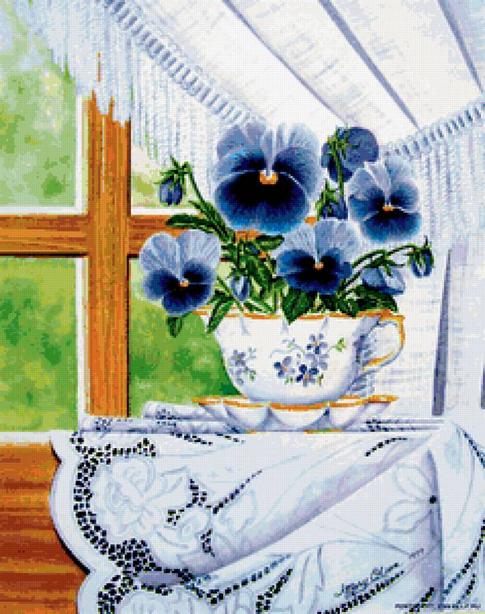 №211213 - ваза, окно, цветы, чашка, букет - предпросмотр