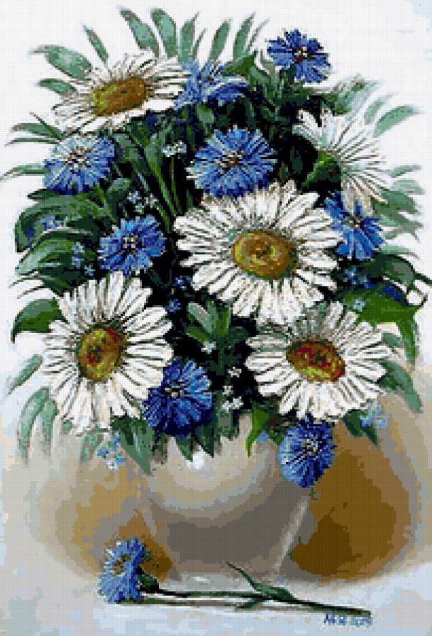Васильки и ромашки - панно, ромашки, василек, цветы, васильки, букет, ромашка - предпросмотр
